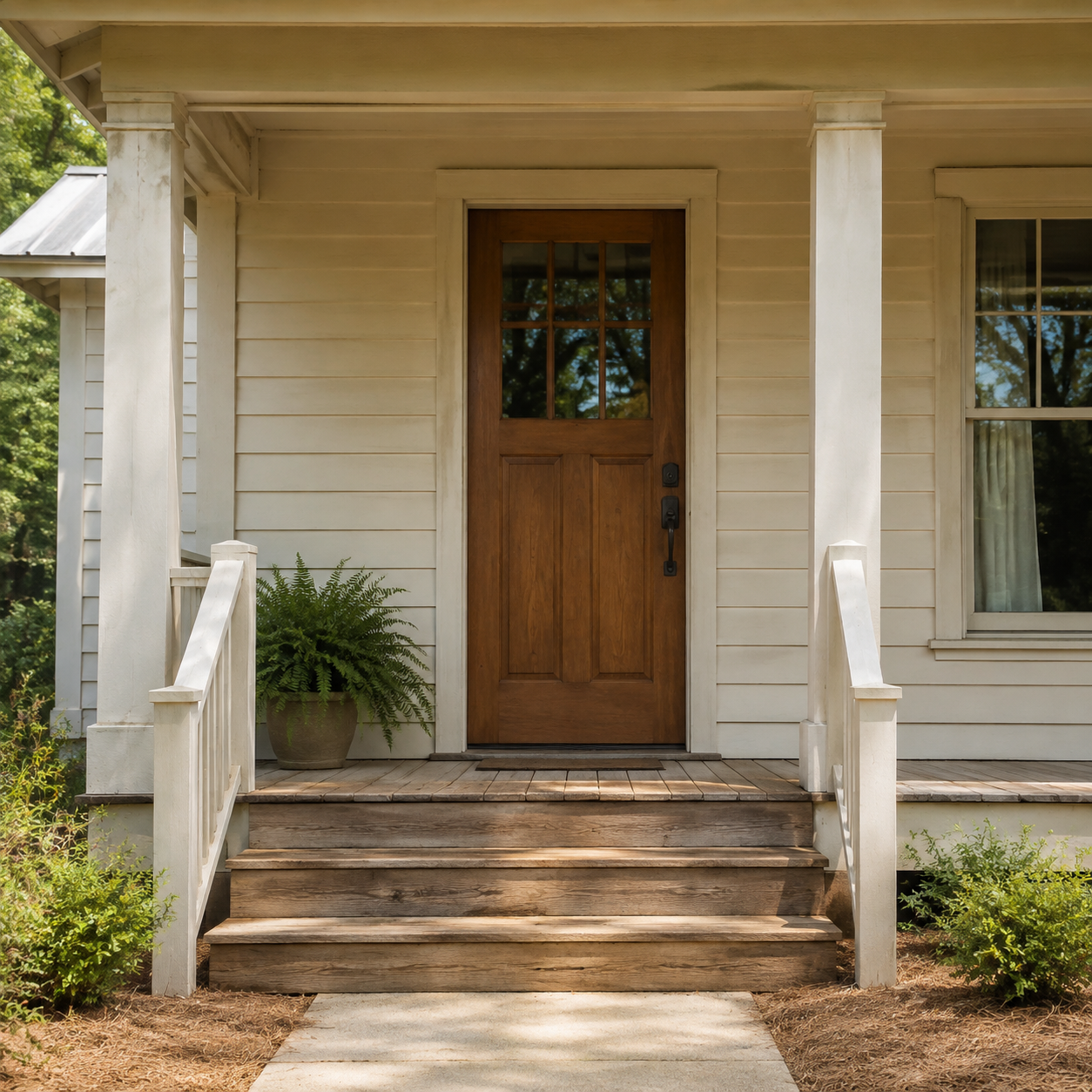 A wood porch and front steps ready for thoughtful repair